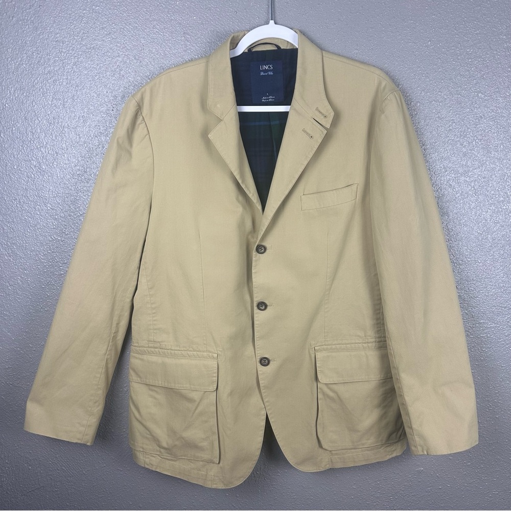 Lincs David Chu Travel Blazer Men’s Large Khaki 9-Pocket Double Vent Sport Coat
